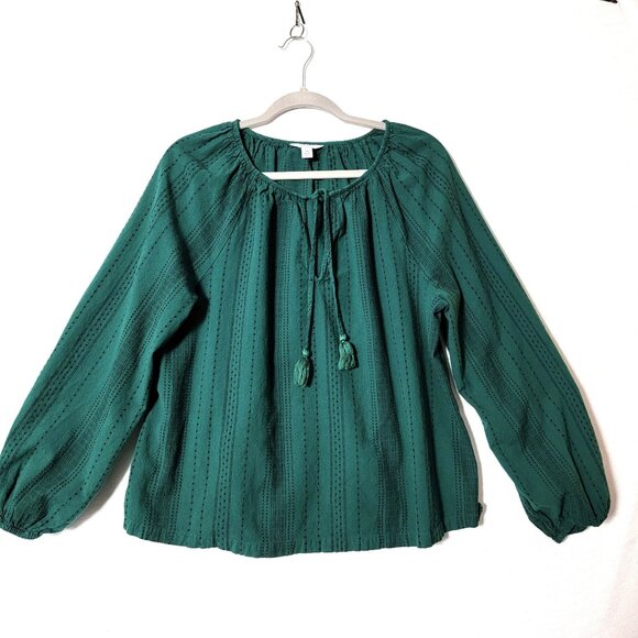 Crown & Ivy Womens Tunic Top Sz XL Long Puff Sleeves Tassel Tie Front Dark Green - Picture 1 of 12